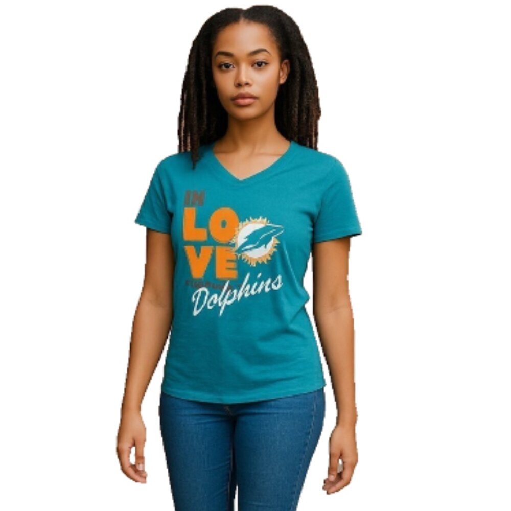 NFL Miami Dolphins Women’s L V-Neck Shirt Glitter Logo Short Sleeve EUC